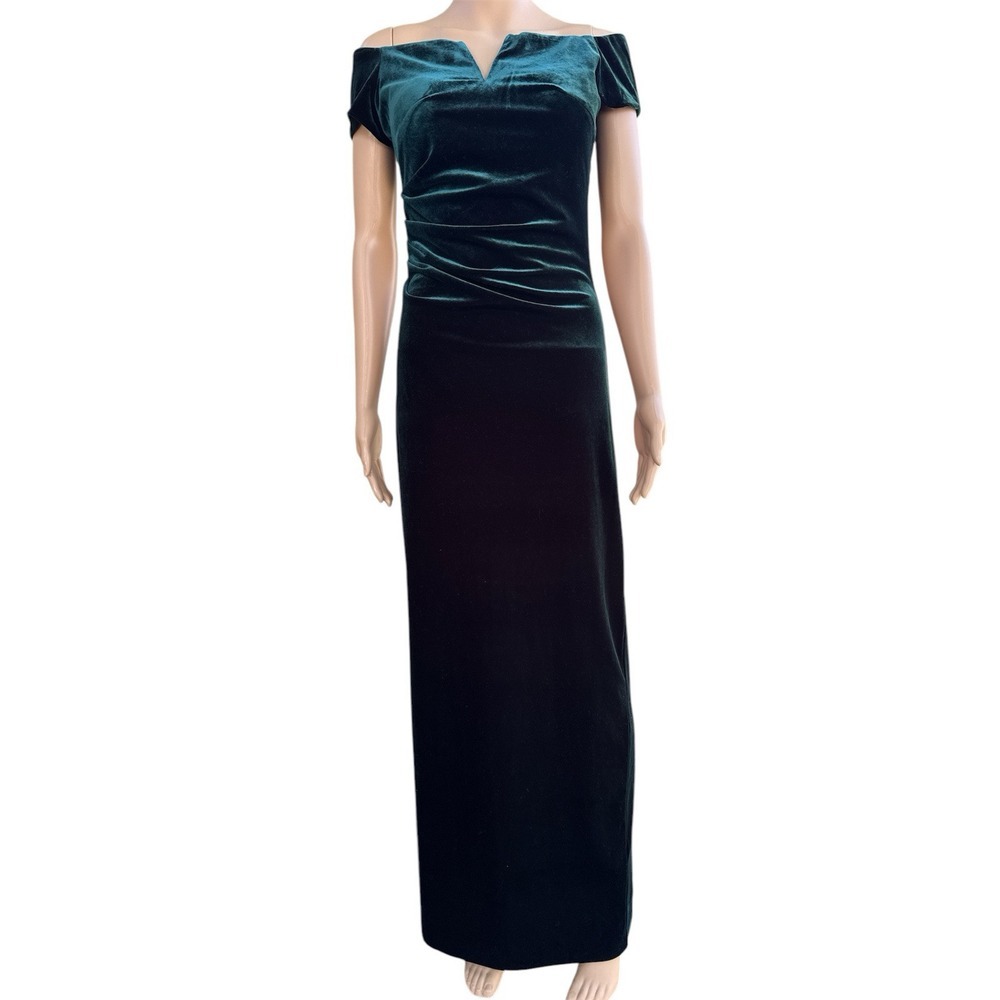 Xscape Velvet Off-The-Shoulder Gown, Hunter Green,‎ Size-4